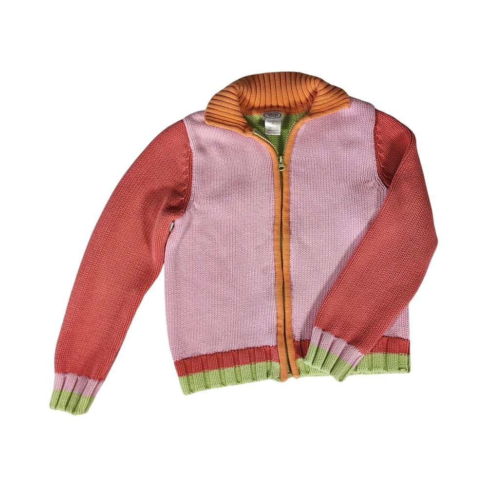 Talbots Kids Girls Colorblock Full Zip Cotton‎ Knit Sweater Pink Green Size 12